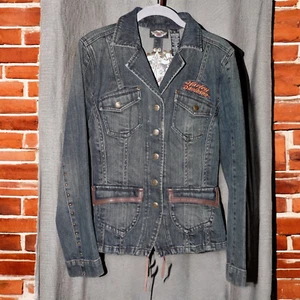 Harley Davidson Jeans Jacket Blazer Women Distressed Embroidered Studded Small - Picture 1 of 9