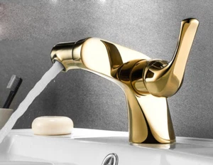 Grifo de lavabo de baño caliente frío giratorio caño mezclador grifo de latón montaje en cubierta dorado - Imagen 1 de 4