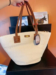 NWT Sun n Sand Straw Bag Woven Beach C-beige waved shoulder toe bag round bottom - Picture 1 of 9