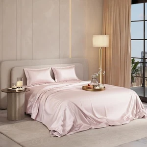 Silk Double Bedsheet with 2 Pillow Covers Premium Bedding Set Blushing Pink - Picture 1 of 6