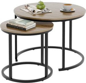 Coffee Table Nesting Side Set Of 2 End Table Top Sturdy Metal Frame Desk (OAK) - Picture 1 of 9
