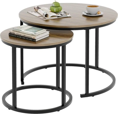 Coffee Table Nesting Side Set Of 2 End Table Top Sturdy Metal Frame Desk (OAK) - Image 1 of 4