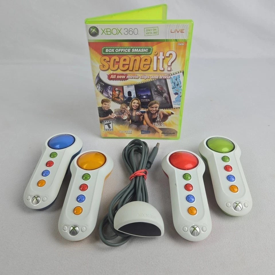 Juego de 4 controles remotos Xbox 360 Big Button con receptor IR y juego Scene It Party Foto 1 de 4