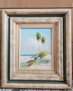 Vintage Coastal Beach Oil Painting, Palm Trees & Ocean Scene, Signed. - Picture 1 of 19