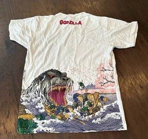 Godzilla T-Shirt Japanese Art Cherry Blossom Mt. Fuji Hokusai White - Picture 1 of 6