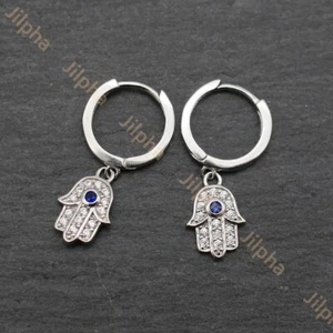 Pendientes de mano Hamsa de plata de ley 925 con bisagras de aro A4463 - Imagen 1 de 5