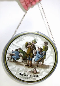 Vintage Glass German Window Catchers Der Bierschenk / Tavern Scene Metal Rim - Bild 1 von 3