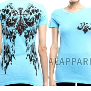 Vocal Top Größe L schwarz Fleur Tribal Flügel Strass verziert Damen Shirt - Bild 1 von 4