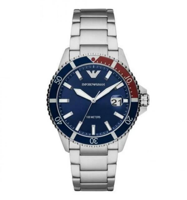 Emporio Armani AR11339 42mm Cassa Argento in Acciaio Inox, Quadrante Blu, Cinturino Argento in Acciaio Inox, Orologio da Polso per Uomo