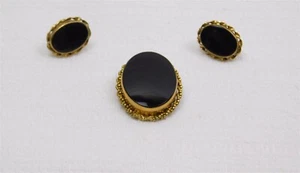 Vintage Bal-Ron 12K Gold Filled Black Onyx Screw Back Earrings & Brooch Pendant - Picture 1 of 19