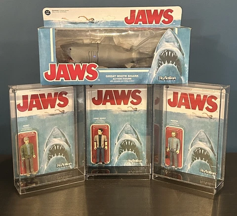 ReAction Figures JAWS Set Shark. Brody, Quint & Hooper Sealed Unpunched Cases Cover