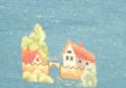 Small completed needlepoint country romantic cottage house on blue vintage chic
