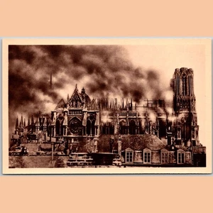 Postcard Rheims Cathedral Fire 1914 WWI Historical France - Picture 1 of 4