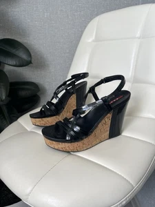 Prada Black Patent Leather Cork Wedge Sandals Shoes Size 37 - Picture 1 of 24