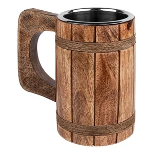 Holz Bier Stein - 18oz Edelstahl Becher - Wikinger Krug Becher für Männer - Han... - Bild 1 von 6