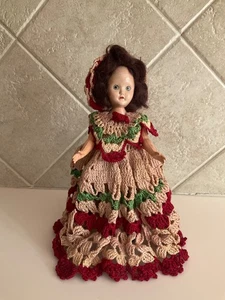 Vintage 7” Doll w/Beige/Green/Red Crochet Dress - Picture 1 of 9