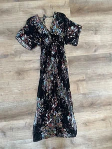 Lovestitch Black Floral Boho Maxi Dress Smocked Waist Tie Back Size M/L - Picture 1 of 6