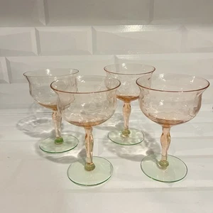 4 PCS TIFFIN ELEGANT GLASS WATERMELON GREEN PINK SHERBETS COCKTAIL GOBLETS - Picture 1 of 12