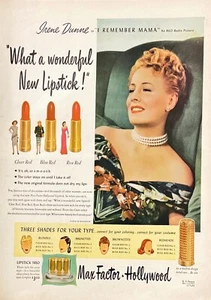 Anuncio impreso vintage lápiz labial Max Factor 1947 maquillaje Irene Dunne anuncio anuncios de belleza retro - Imagen 1 de 3