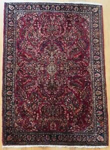 3'4" x 4'10"  Antique Saroukk Red Hand Knotted Wool Oriental Rug Cleaned 