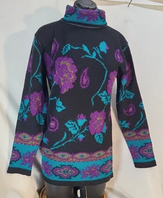 Suéter túnica tejido vintage siguiente edición para mujer pequeño cuello alto floral púrpura verde azulado Foto 1 de 4