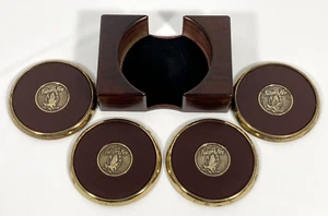 Flacon's Fire Golf Club 4 Round Brass Leather Coaster w/Wood Holder 5 Pc Set Vtg - Picture 1 of 23