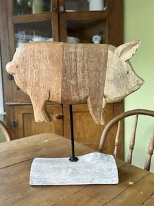 Hand Carved WOODEN Folk Art PIG Figure 12.5” Tall~ON A STICK~STANDING - Picture 1 of 7