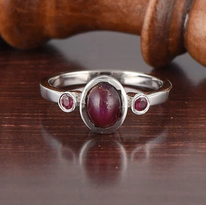 Natural Ruby Star 8x6mm Oval Gemstone Three-stone Ring Sterling silver - Picture 1 of 8