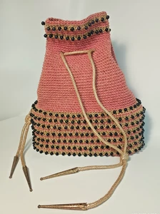 Vintage Rose Crochet Bucket PURSE Hiawatha Bag BEADED Black Gold Accents 1960s - Picture 1 of 12