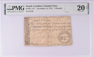 SC-112 1775 South Carolina Colonial Currency £3 Pounds S/N 3570 PMG VF 20 Net - Picture 1 of 2