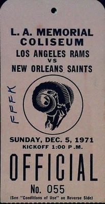 Boleto oficial de los Rams Saints Stub Pass Memorial Coliseum NFL fútbol americano 5/12/1971 Foto 1 de 2