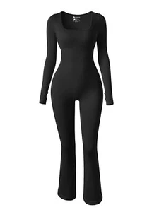OQQ Damen Yoga Jumpsuit gerippt Langarm Glockenboden schwarz Größe M - Bild 1 von 6