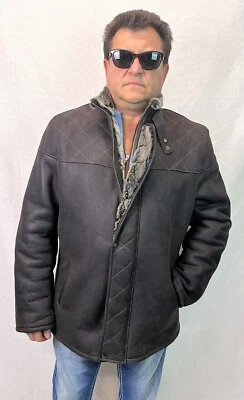 REAL SHEEPSKIN SHEARLING LEATHER MEN QUILTED CAR COAT JACKET, BROWN, WARM S-8XL - Image 1 of 4