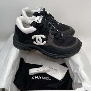 Chanel NIB 2022 Black White 38 EUR Size Calfskin Mesh sneakers trainers CC Logo