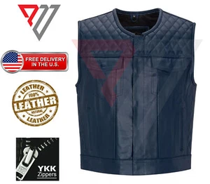 Men Blue Genuine Leather Motorcycle Vest/Slim Fit Sleeveless Jacket/Biker Vest - Picture 1 of 3