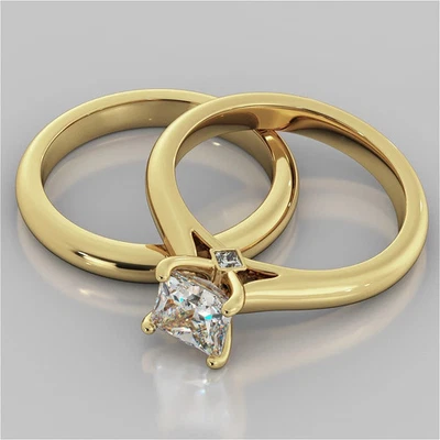 1.45 Ct Princess Cut Diamond Lab-Created Engagement Ring Set 14K Yellow Gold FN - Image 1 of 4