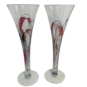 2 Romania Milano Style Tall Champagne Flutes Mosaic Handblown Stained Glass 10” - Picture 1 of 4