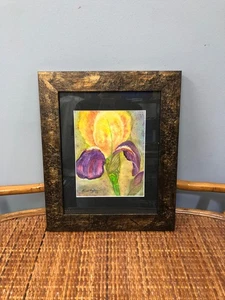 Original Watercolor Painting "Bearded Iris" Signed by Artist - Brown Frame - Picture 1 of 9
