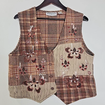 Vestido Granero Mezcla Lana Bordado Otoño Chaleco Mujer’s Grande Marrón Cuadros Floral Foto 1 de 4
