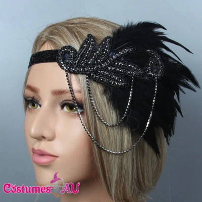 Diadema de 1920 Pluma Negra Nupcial Gran Gatsby 20s Flapper Tocado Gángster  Foto 1 de 3