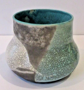 Studio Art Pottery Raku Blue & White Crackle Glaze Pot Planter Bowl - SIGNED - Picture 1 of 9
