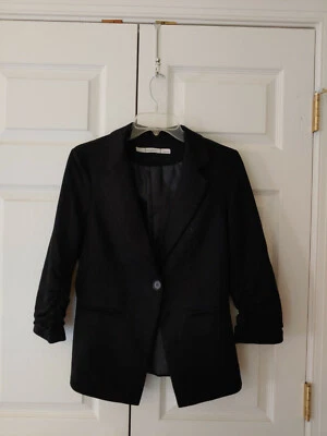 Blazer feminino Gibson preto manga franzida sólida botão único tamanho P - Imagem 1 de 4