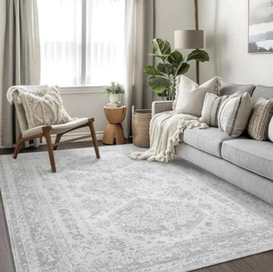 Area Rug 8X10 for Living Room Bedroom Washable Gray Vintage Medallion Oriental - Picture 1 of 7