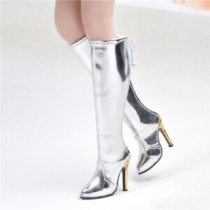 1/6th Silver Leather Female Long High-heeled Boots Model for 12" Phicen Verycool