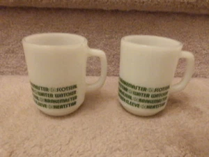 RARE PAIR of VINTAGE Anchor Hocking Fire-King Milk Glass ADVERTISING Cups / Mug - Picture 1 of 6