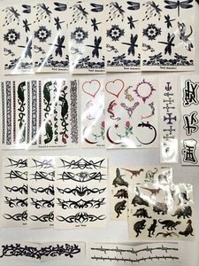 Huge Vintage 1990s Temporary Tattoo Lot Dragonflys Dinosaurs Tribal Bracelets ++ - Picture 1 of 24