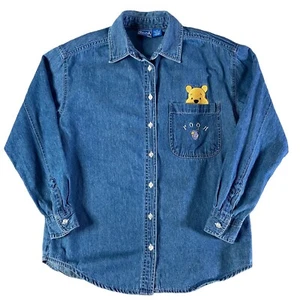 Vintage Winnie The Pooh Denim Shirt Womens Medium Blue Disney Button Embroidered - Picture 1 of 8