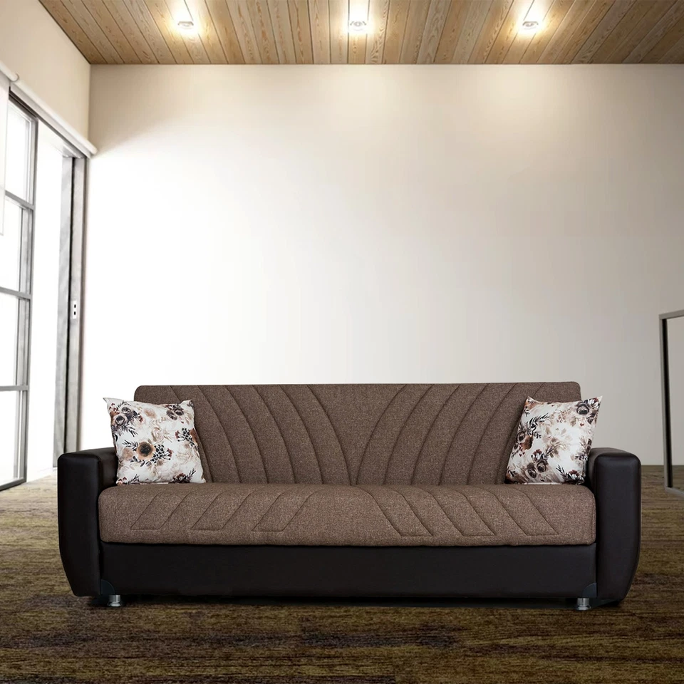 Sofá cama/sillón Duaa de tela marrón claro con cuero PU marrón Foto 1 de 1