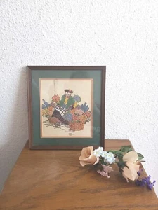 MC VTG Hand Embroidered Linen Canvas Floral Seller Lady Framed w/glass Wall Art - Picture 1 of 11