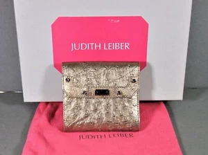 JUDITH LEIBER PLATINUM GOLD OSTRICH DOUBLE FLAP WALLET BILLFOLD NEW with BOX - Picture 1 of 11